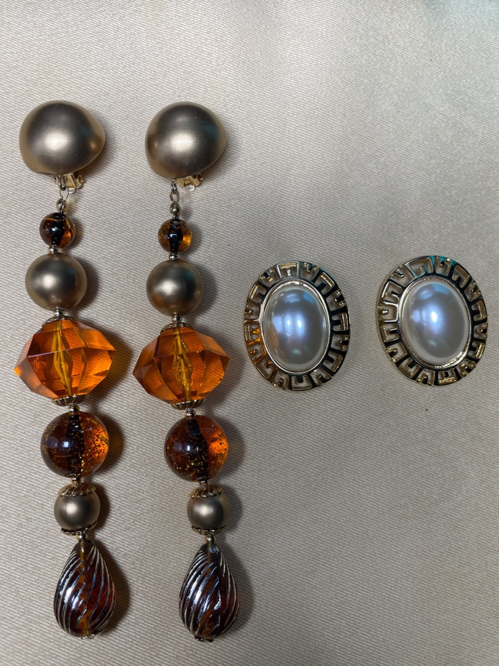 Vintage Clip On Earrings 2 Pairs Gold Tone Amber Beads and Faux Pearl